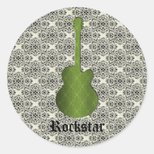 Rockstar Damask Guitar Stickers, Olive Green Ronde Sticker