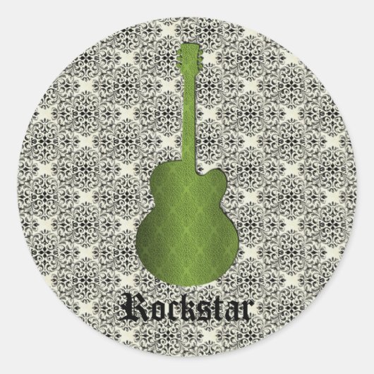 Rockstar Damask Guitar Stickers, Olive Green Ronde Sticker (Voorkant)