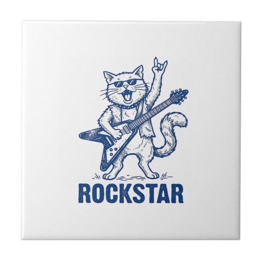 Rockstar Kat Gitaar Vintage Gravure Shirt Ontwerp Tegeltje (Voorkant)
