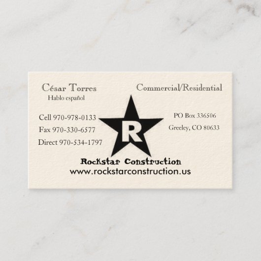 ROCKSTAR Logo, Rockstar Construction, Eric Andr... Visitekaartje (Voorkant)