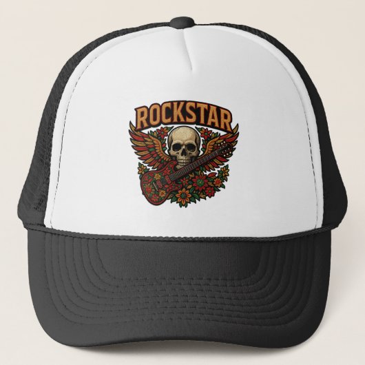 Rockstar Skull Guitar Wings – Bold Floral Embroide Trucker Pet (Voorkant)
