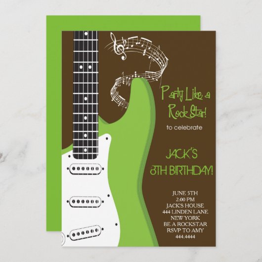 Rockster Green gitaar verjaardagsfeestje uitnodigi Kaart (Voorkant / Achterkant)