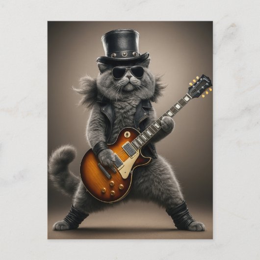 Rocksterkat die elektrische gitaar speelt in leer briefkaart (Voorkant)