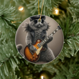Rocksterkat speelt elektrische gitaar in leer keramisch ornament