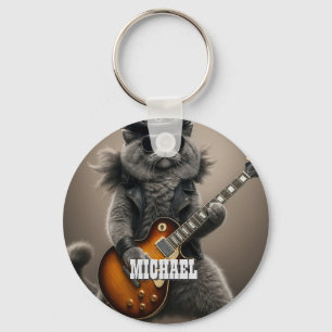 Rocksterkat speelt elektrische gitaar in leer sleutelhanger