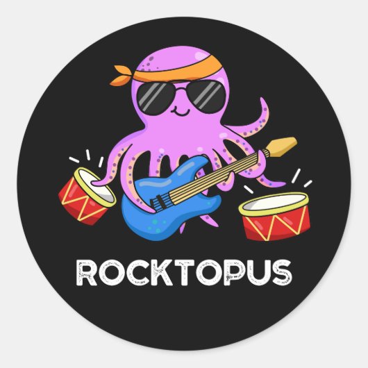Rocktopus Funny Rock Band Octopus Pun Dark BG Ronde Sticker (Voorkant)