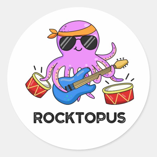 Rocktopus Funny Rock Band Octopus Pun Ronde Sticker (Voorkant)