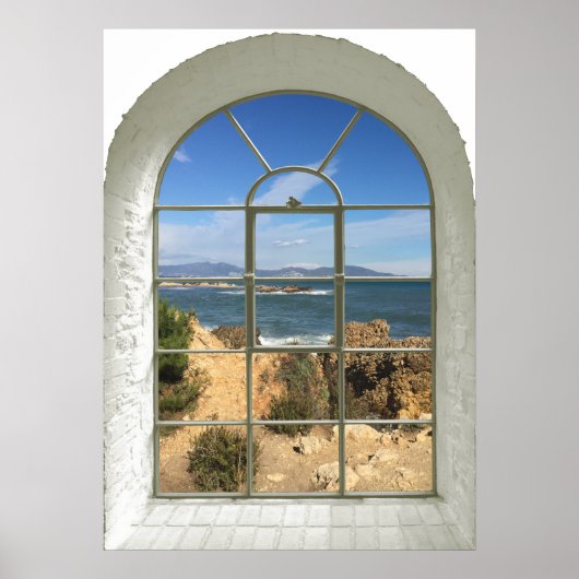 Rocky Beach Ocean Uitzicht Curved Fake Window Poster (Voorkant)