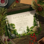 Rocky Forest Mountains | Rustic Wedding Save The Date<br><div class="desc">Pine- en sprotbomen leiden je trouwgegevens,  met de verre broze bergen eronder. Een bijtende reddingspaart voor een bruiloft in de bergen.</div>