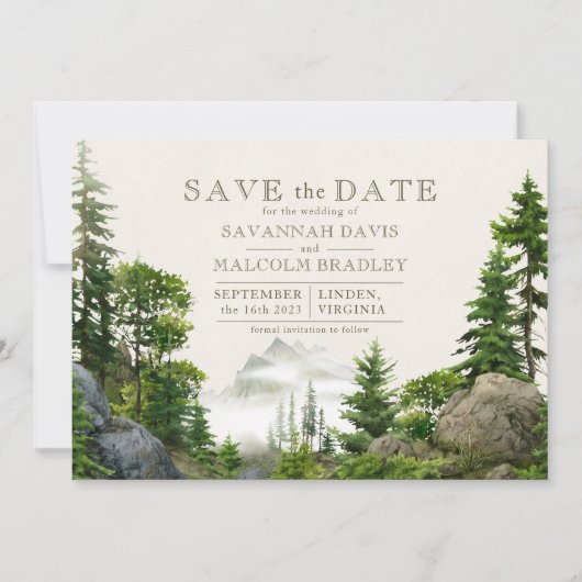 Rocky Forest Mountains | Rustic Wedding Save The Date (Voorkant)