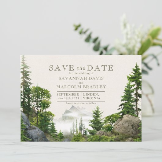 Rocky Forest Mountains | Rustic Wedding Save The Date (Staand voorkant)