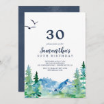 Rocky Mountain 30th Birthday Kaart<br><div class="desc">Deze Rocky Mountain-uitnodiging voor 30ste verjaardag is perfect voor een buitenjarig feestje. Het ontwerp is voorzien van een blauw en groen geverfd wildernis-landschap met waterverf pijnbomen,  vogels en bergen.</div>