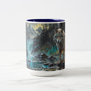Rocky Mountain Grey Wolf Art Tweekleurige Koffiemok