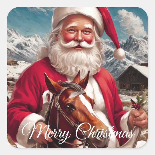 Rocky Mountain Santa en zijn paard Vierkante Sticker (Voorkant)