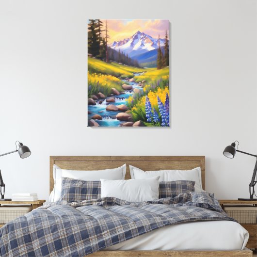 Rocky Mountain Spring Meadow Sunshine Lupins Creek Canvas Afdruk (Insitu (Slaapkamer))