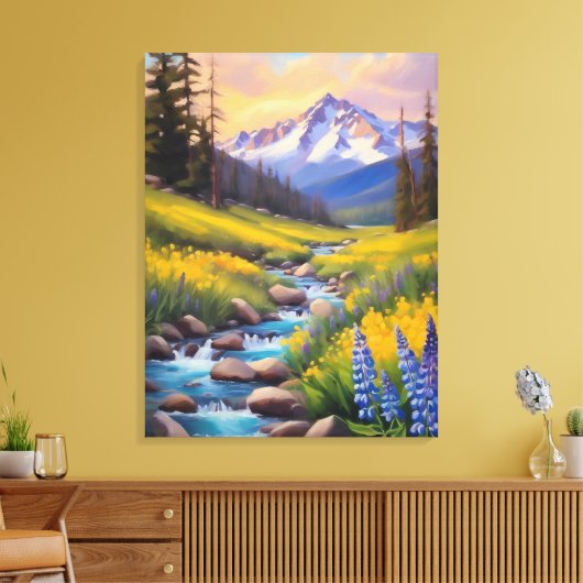 Rocky Mountain Spring Meadow Sunshine Lupins Creek Canvas Afdruk (Insitu (Woonkamer))