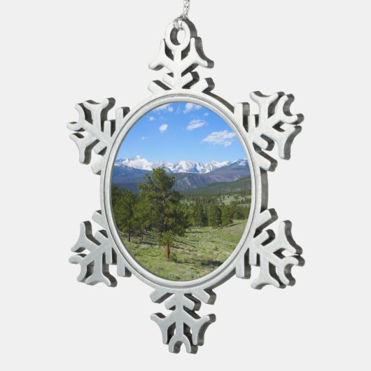 Rocky Mountain Uitzicht Schilderachtig Landschap Tin Sneeuwvlok Ornament (Rechts)