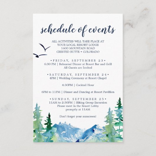 Rocky Mountain Wedding Weekend Plan van de Gebeurt Informatiekaartje (Voorkant)