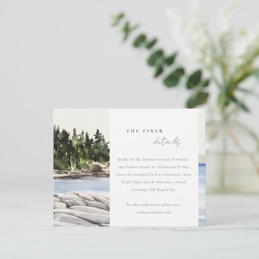 Rocky Pine Mountain Seascape Bruiloft Details Informatiekaartje (Staand voorkant)