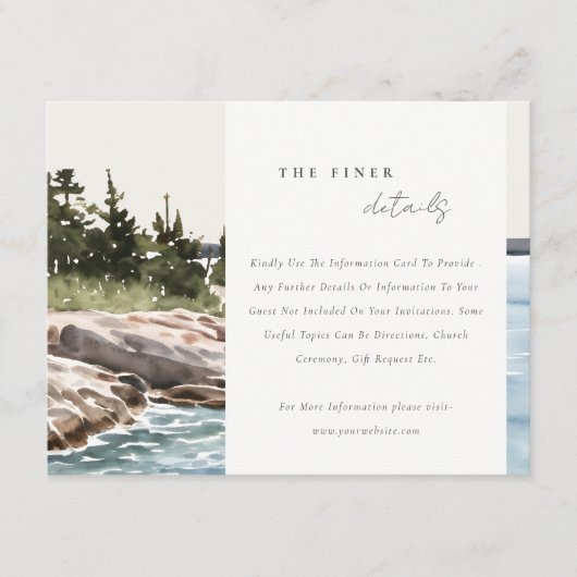 Rocky Pine Mountain Seascape Bruiloft Details Informatiekaartje (Voorkant)