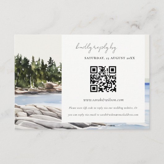 Rocky Pine Mountain Seascape Bruiloft QR Code RSVP Informatiekaartje (Voorkant)