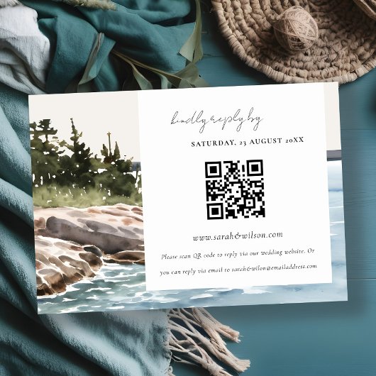 Rocky Pine Mountain Seascape Bruiloft QR Code RSVP Informatiekaartje