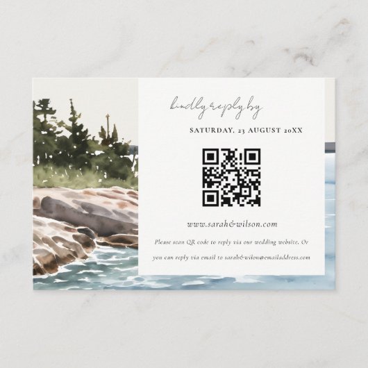 Rocky Pine Mountain Seascape Bruiloft QR Code RSVP Informatiekaartje (Voorkant)