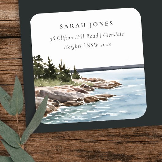 Rocky Pine Mountain Waterverf Zeegezicht Adres Vierkante Sticker