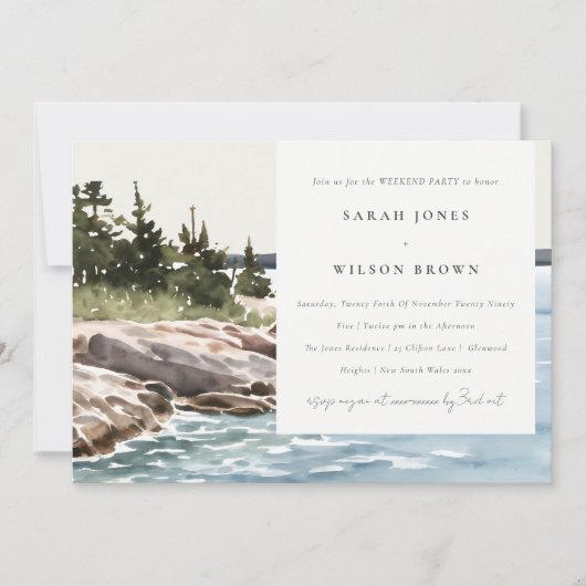 Rocky Pine Mountain Zeelandschap Weekend Feest Kaart (Voorkant)