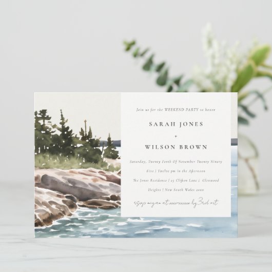 Rocky Pine Mountain Zeelandschap Weekend Feest Kaart (Staand voorkant)