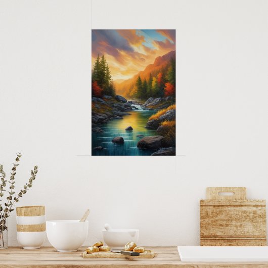 Rocky rivieroevers en herfstbos onder zonsondergan poster (Keuken)