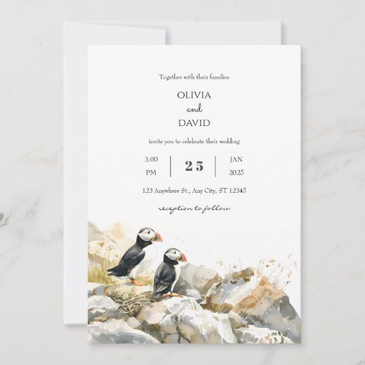 Rocky Shoreline met Puffins Paar Strand Bruiloft Kaart (Voorkant)
