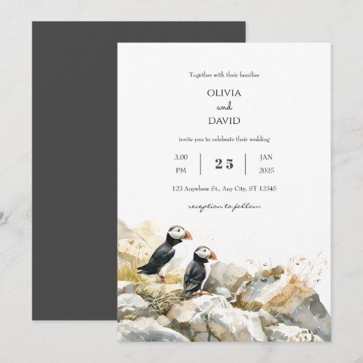 Rocky Shoreline met Puffins Paar Strand Bruiloft Kaart (Voorkant / Achterkant)
