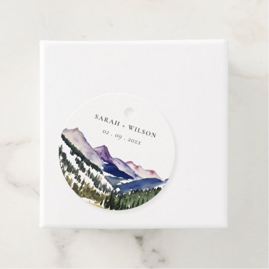 Rocky Snow Mountain Waterverf Landscape Wedding Bedankjes Labels (In situ)