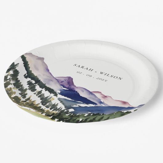 Rocky Snow Mountain Waterverf Landscape Wedding Papieren Bordje (Gekanteld)