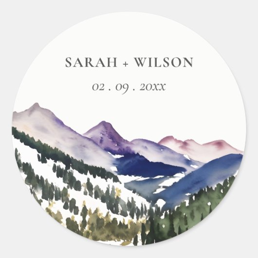 Rocky Snow Mountain Waterverf Landscape Wedding Ronde Sticker (Voorkant)