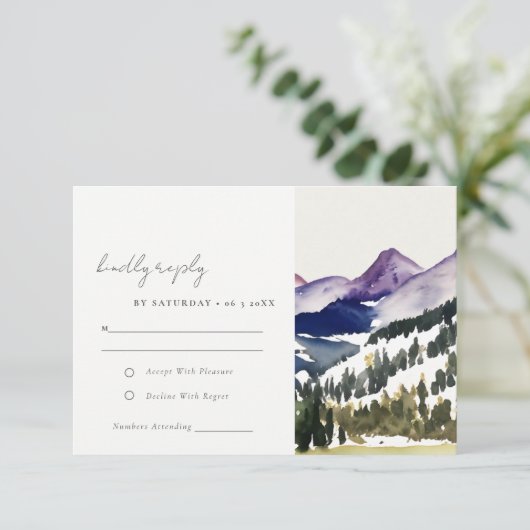 Rocky Snow Mountain Waterverf Landscape Wedding RSVP Kaartje (Staand voorkant)