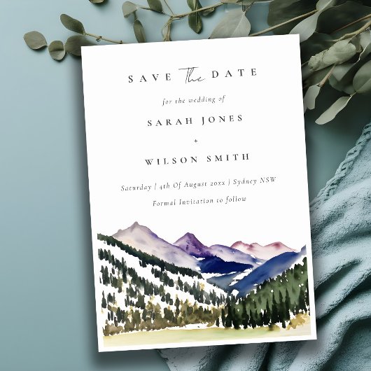 Rocky Snow Mountain Waterverf Landscape Wedding Save The Date