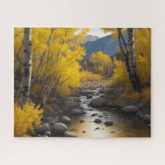 Rocky Stream met gouden espenbomen schilderij Legpuzzel (Horizontaal)