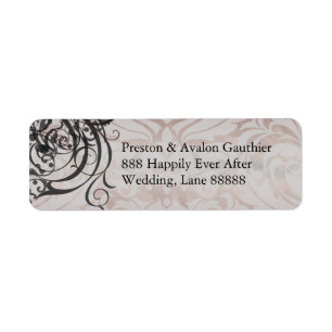 Rococo Black Scroll Damask-adreslabel Etiket