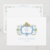 Rococo Blau Monogram Wapen Huwelijk Bedankkaart (Voorkant / Achterkant)