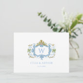 Rococo Blau Monogram Wapen Huwelijk Bedankkaart (Staand voorkant)