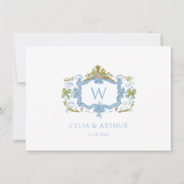 Rococo Blau Monogram Wapen Huwelijk Bedankkaart