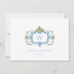 Rococo Blau Monogram Wapen Huwelijk  Bedankkaart