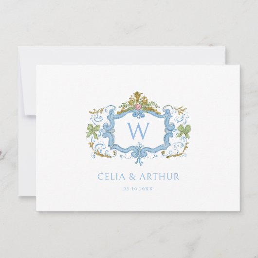 Rococo Blau Monogram Wapen Huwelijk Bedankkaart (Voorkant)