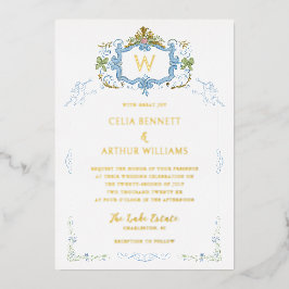 Rococo Blau Monogram Wapen Huwelijk Folie Uitnodiging