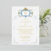 Rococo Blau Monogram Wapen Huwelijk Folie Uitnodiging (Staand Voorkant)
