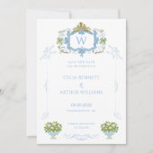 Rococo Blau Monogram Wapen Huwelijk Save The Date (Voorkant)
