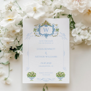Rococo Blau Monogram Wapen Huwelijk Save The Date