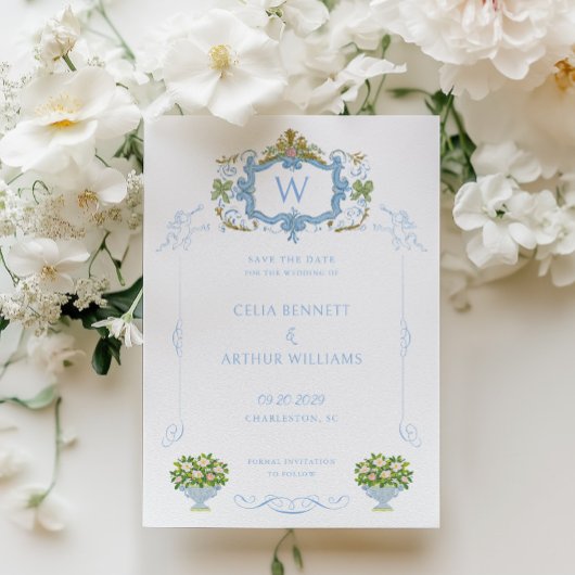 Rococo Blau Monogram Wapen Huwelijk Save The Date